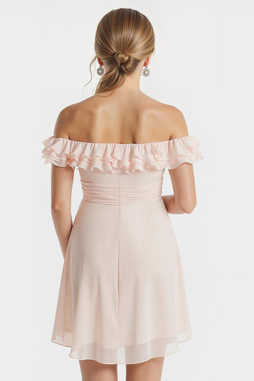 Blush rose dénudé épaule trapèze Robe de demoiselle d’honneur junior courte avec volants